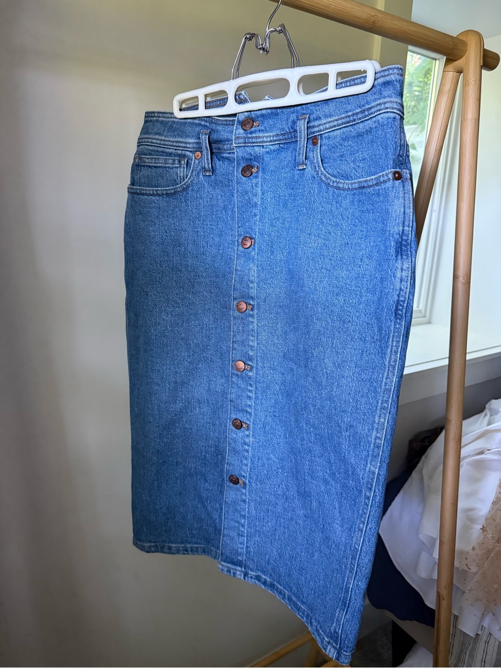 Madewell Denim Skirt in Blue with Copper Stitching